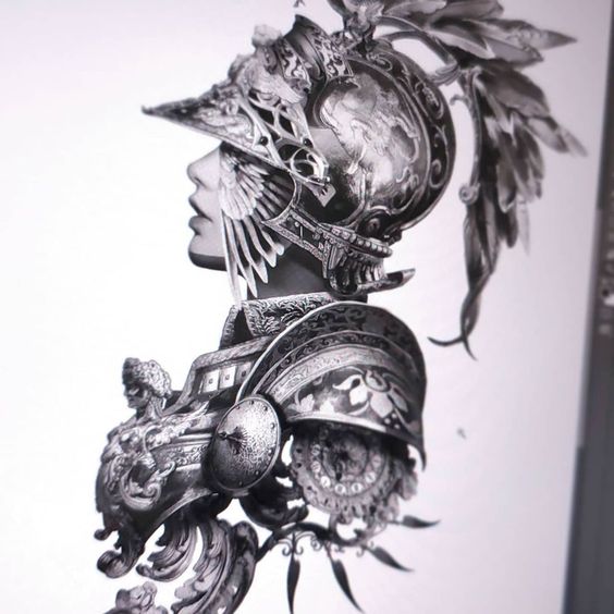 the image is a beautifully detailed pencil sketch of a female warrior in profile. she wears an ornate helmet adorned with feathers and intricate designs, including a prominent bird motif. her armor is equally elaborate, showcasing a blend of classical and fantastical elements. the drawing focuses on her upper body, highlighting the strength and elegance of her posture.
