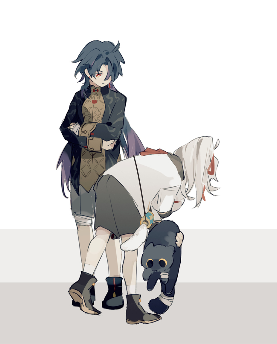 this is a digital illustration of two anime girls. one has long black hair and is wearing a dark jacket, a lighter colored collared shirt, and black pants. she is standing with her arms crossed and looking down. the second girl has long white hair and is wearing a white collared shirt, dark shorts, and white socks. she is holding a black cat in her arms and looking down at the cat. she is standing with her feet on the floor and her left leg slightly bent. the two girls are standing on a gray background.