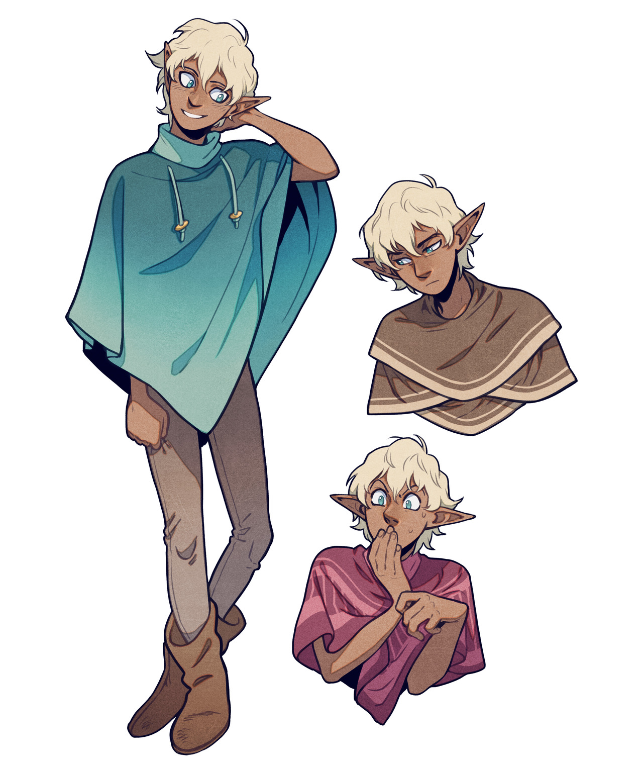 a character design sheet shows three poses of the same male elf with pale skin, blond hair, and brown eyes. he is drawn in a cartoon style and is wearing various poncho/shawl tops and leggings or tight pants.