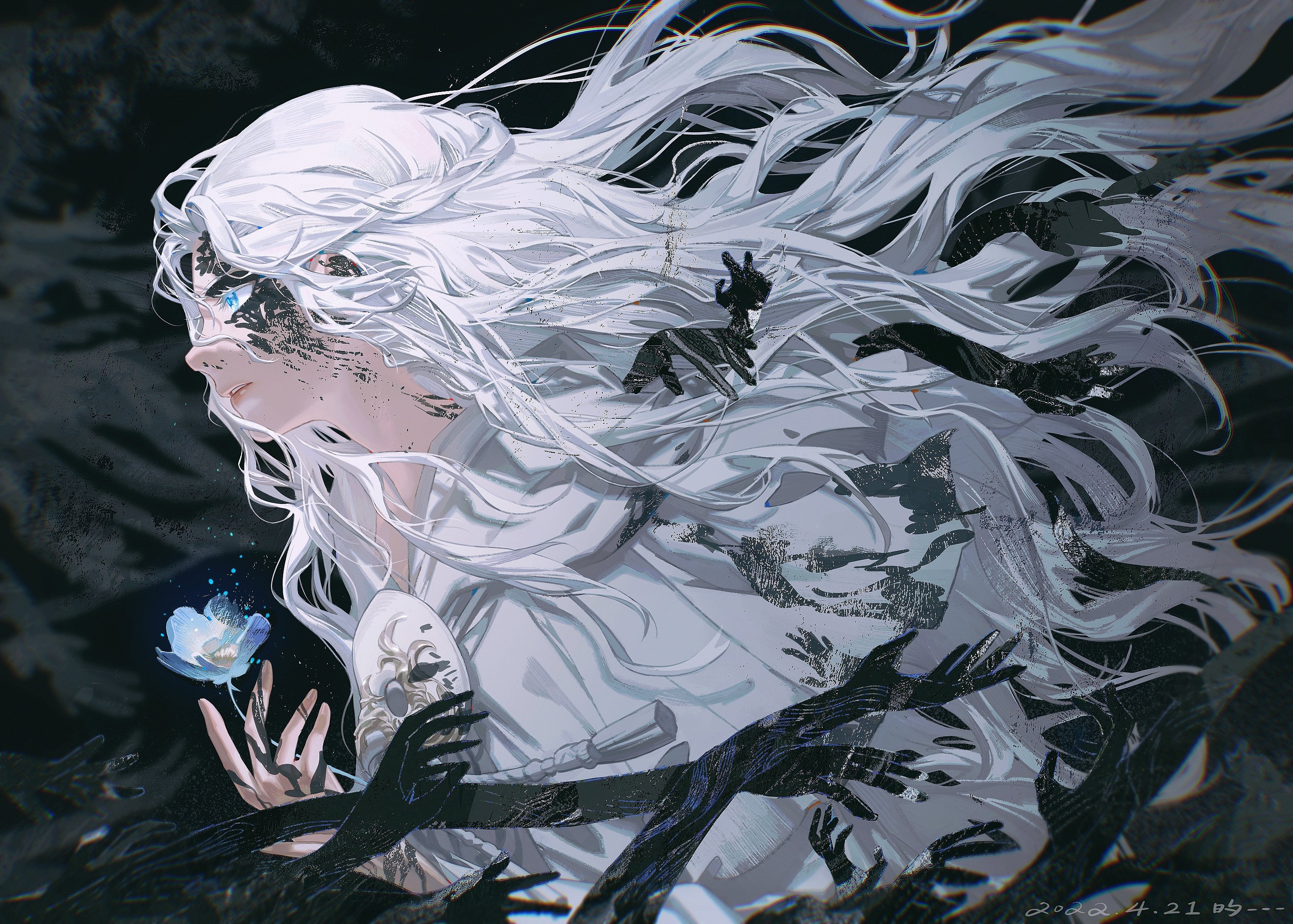 a digital illustration of a young anime girl with long white hair, wearing a mask, and a black and white flower in her hand. she is surrounded by dark, shadowy hands. the image is set against a dark background and has a mysterious and fantasy feel.