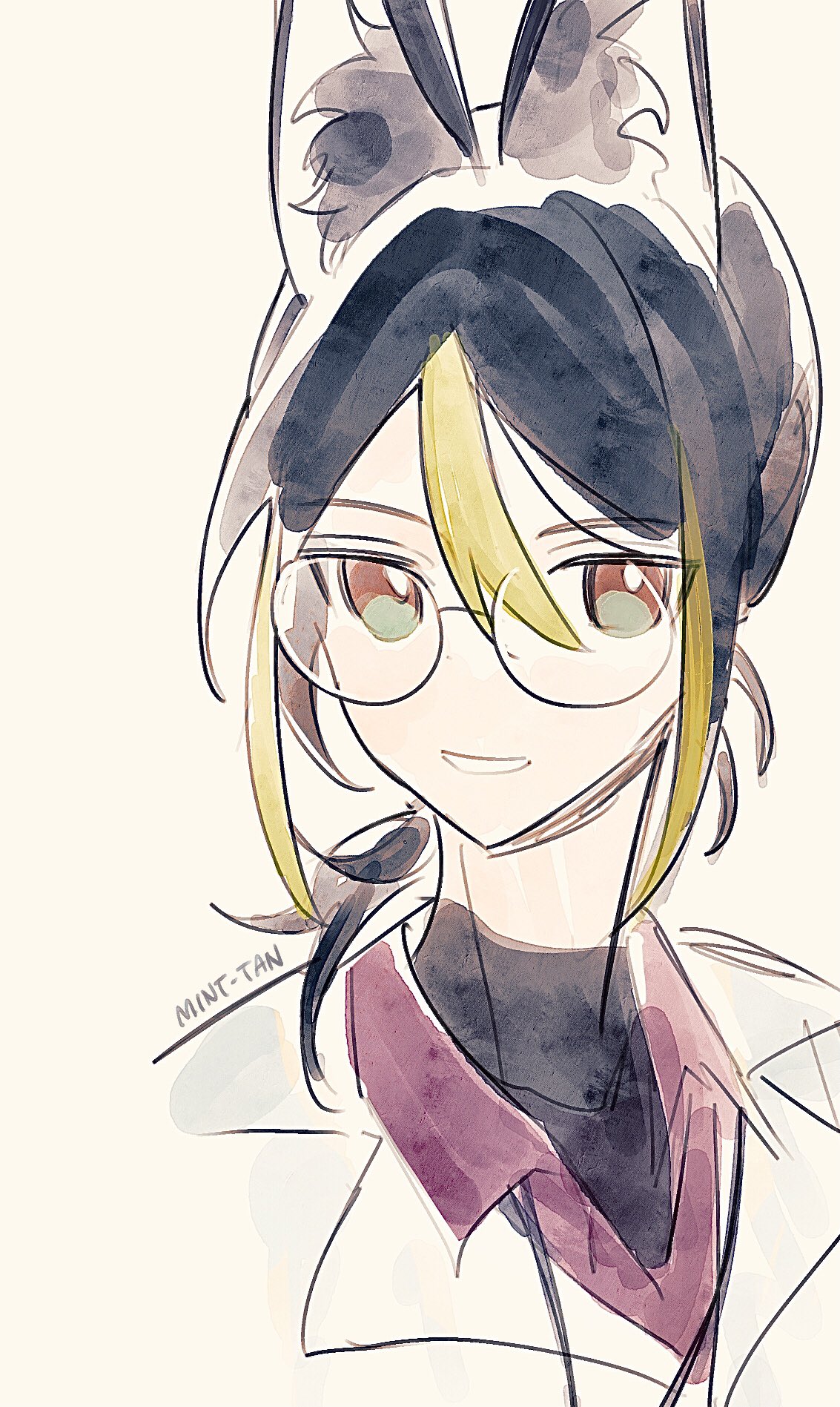 this image depicts a cute anime girl with long blonde hair and black eyes. she is wearing a white jacket over a black turtle neck and a purple scarf. she is smiling and looking to the left, her eyes are covered by glasses. the background is white. the illustration is made with a watercolor style. it is a digital drawing and looks adorable.