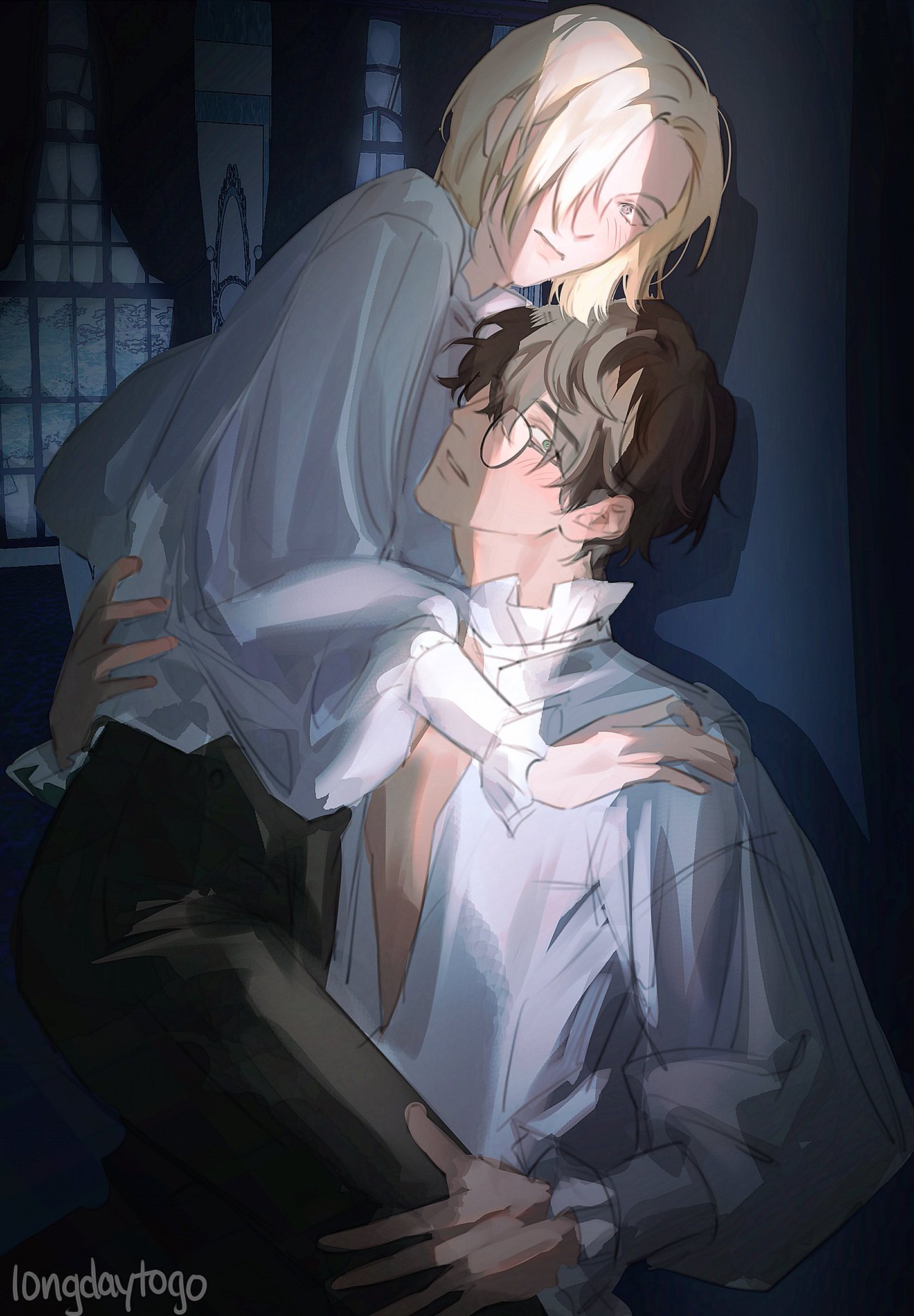 the image is a digital painting or illustration in an anime or manga style. it depicts two young men in a tender embrace. one has blonde hair and is being held by the other, who has brown hair and glasses. they are dressed in loose, lightcolored shirts. the background is dark, creating a dramatic contrast with the softly lit figures. the overall mood is romantic and intimate, suggestive of a close relationship. the art style is soft and painterly, with a focus on light and shadow to create a sensual atmosphere.