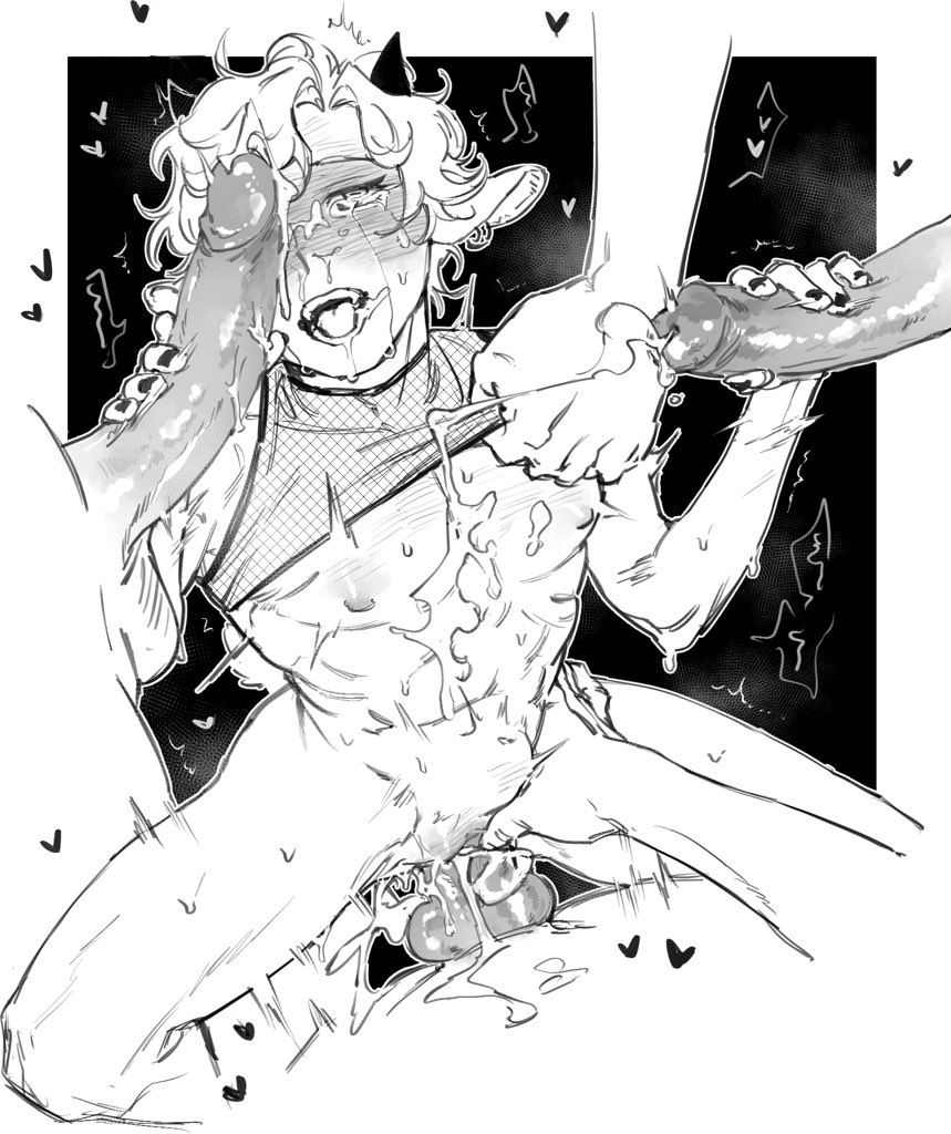 the image is a monochrome sketch depicting a yaoi scene. it features two male figures engaged in explicit sexual activity. one figure, seemingly a fantasy creature with horns or pointed ears, is depicted in a submissive position, receiving both oral and anal sex from another figure whose face is mostly obscured.  the style is suggestive and rough, characteristic of manga or fanart. the background is dark and features simple symbols. the overall mood is intense and sexually charged.  the explicit nature of the artwork is undeniable.