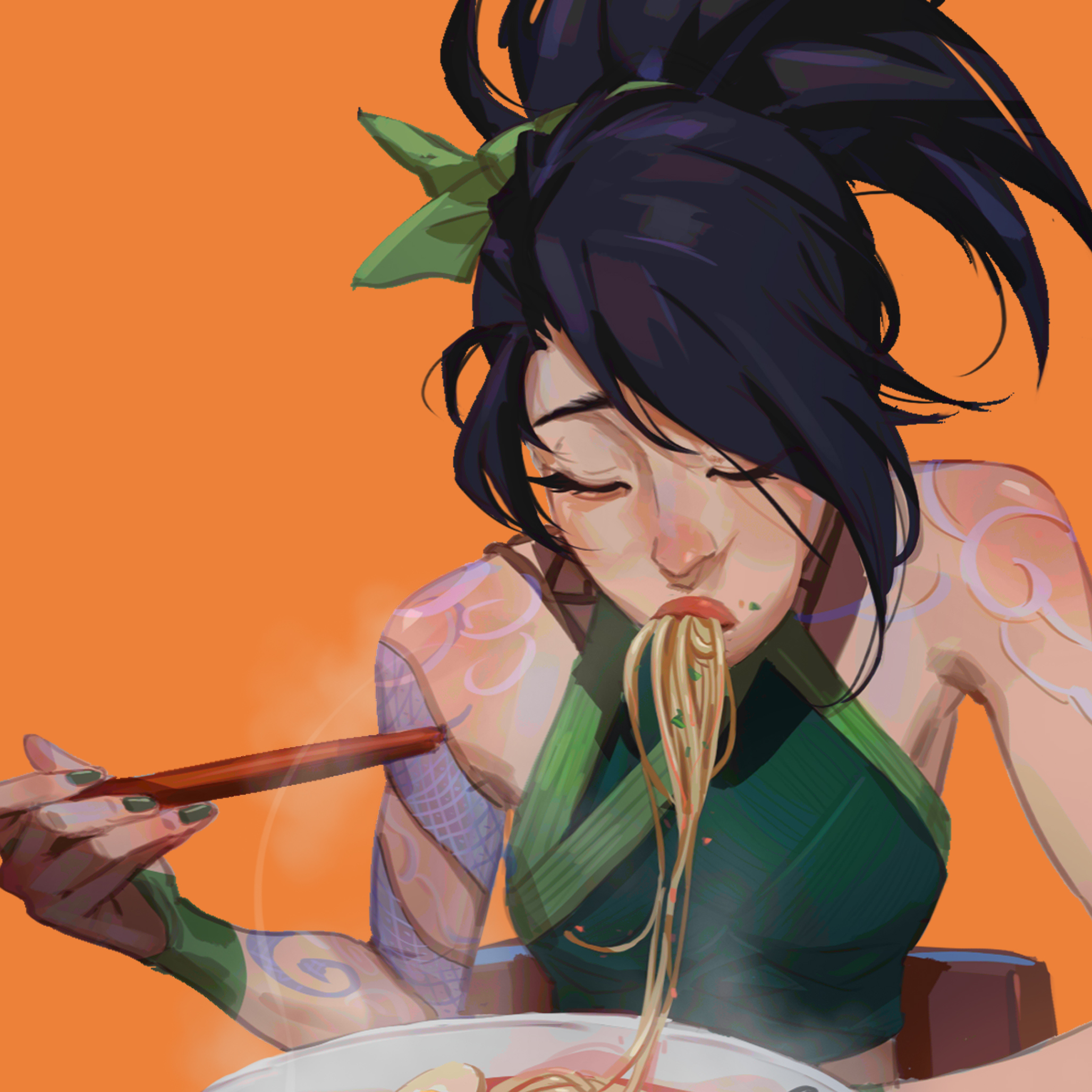 a cartoon woman with long black hair, wearing a green and white top, is shown eating a bowl of ramen with chopsticks. she has a big smile on her face and is enjoying her meal. the background is a bright orange color.