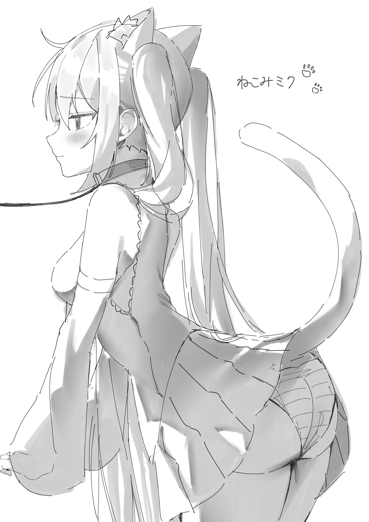 he image is a monochrome sketch of an animestyle catgirl.  she has long, white hair, cat ears, and a cat tail. she's wearing a dresslike garment that's partially open, revealing parts of her undergarments. her expression is somewhat shy, and her cheeks are blushed. the style is loose and sketchy, typical of a quick character design or concept art.  japanese text is visible near the top, likely a caption or sound effect. the overall feeling is light and playful.