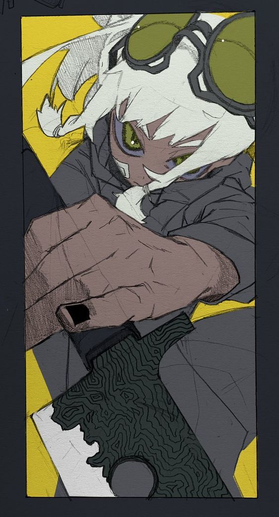 this is a digital drawing of a young female anime character,  who is holding a large knife or sword with a patterned blade. she has white hair, green goggles, and green eyes. the background is a mix of dark and light grey, with a yellow stripe at the bottom. the image is a sketch of a stylized illustration.  the drawing style is stylized, and there is a focus on sharp angles and strong lines.