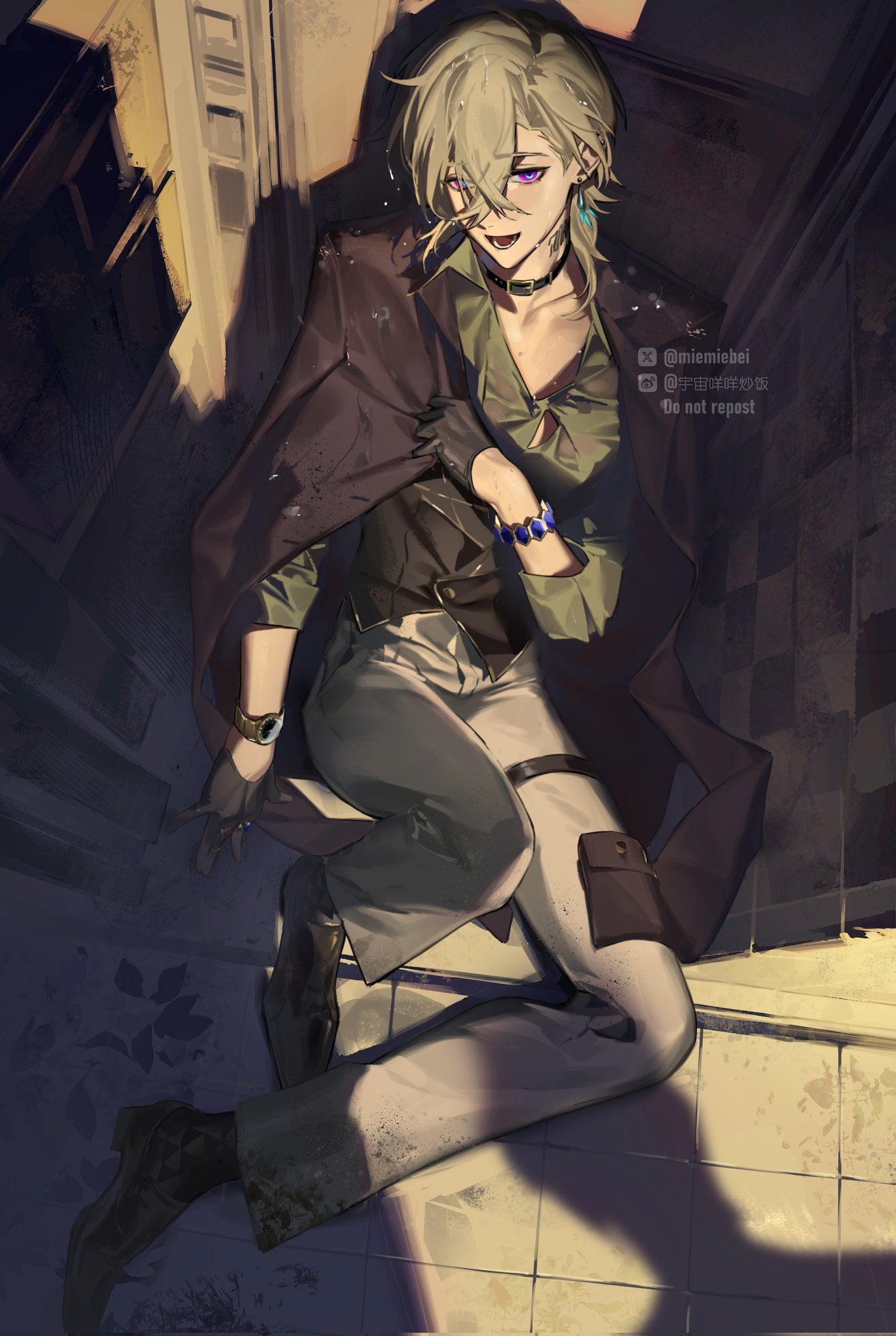 the illustration depicts a male anime character with white hair and purple eyes. he wears a green shirt with a black vest and grey pants. he is standing in a dark setting, casting a shadow behind him, and looks confident with a stylish posture.