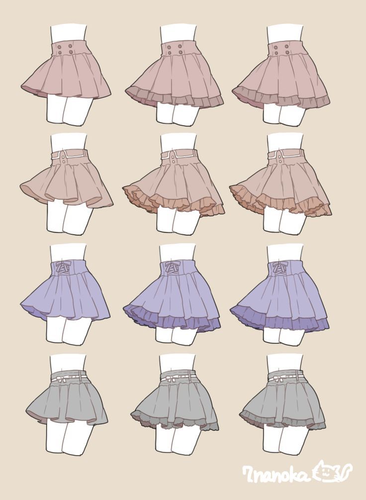 the image shows a drawing of nine different skirts. each skirt has a different color and style, including ruffles, frills, and different lengths. the skirts are drawn in a cute and kawaii style, with pastel colors and delicate details. the image is perfect for inspiration for fashion designers or anyone who loves to draw cute clothes.