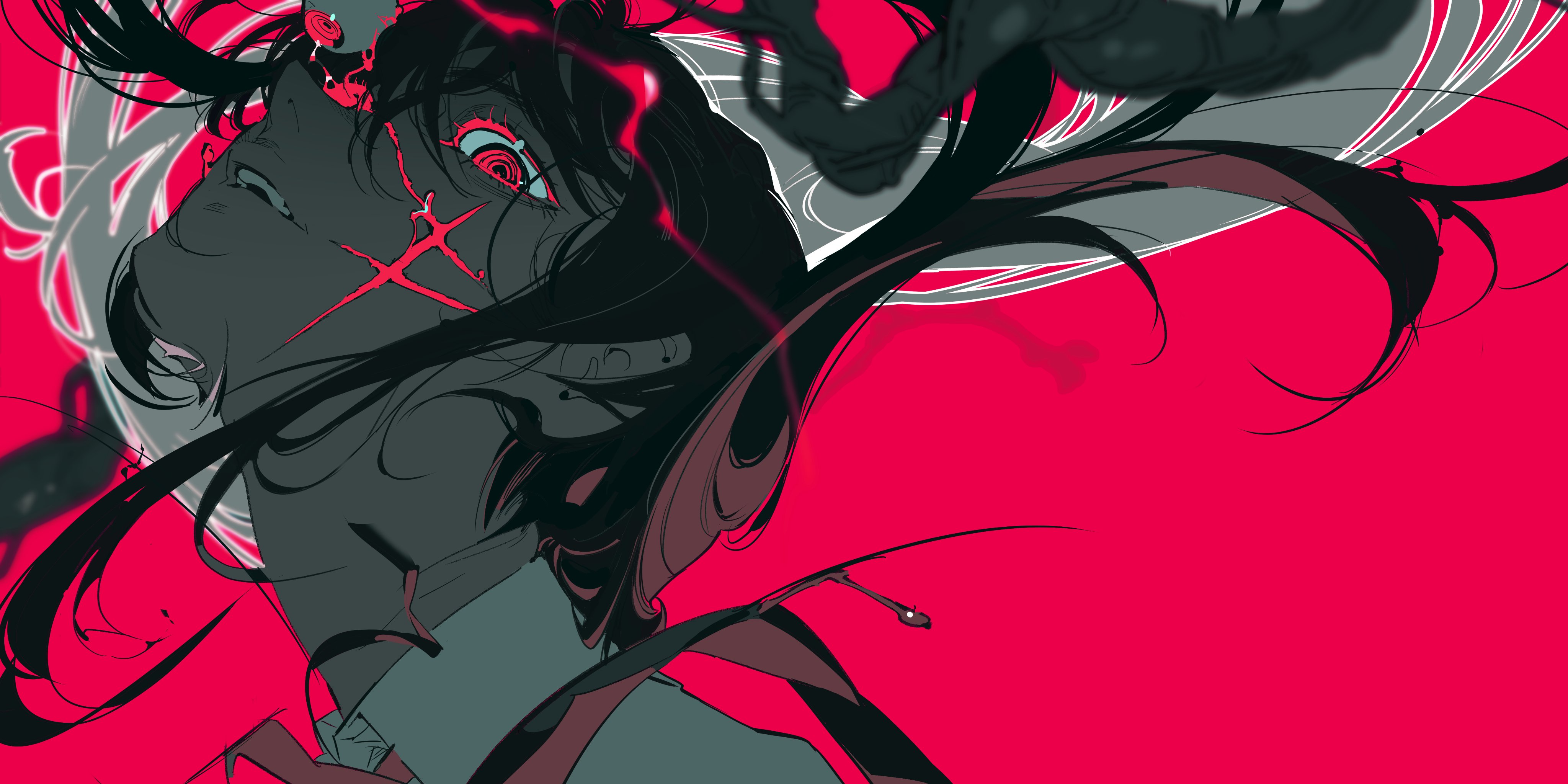 the image showcases a stylized portrait of a young woman with long, flowing black hair against a vibrant red background. her face is partially obscured, with one striking red eye visible. the artwork features bold lines and contrasting colors, creating a sense of movement and intensity.  the overall aesthetic suggests themes of power, action, and perhaps even a hint of darkness.