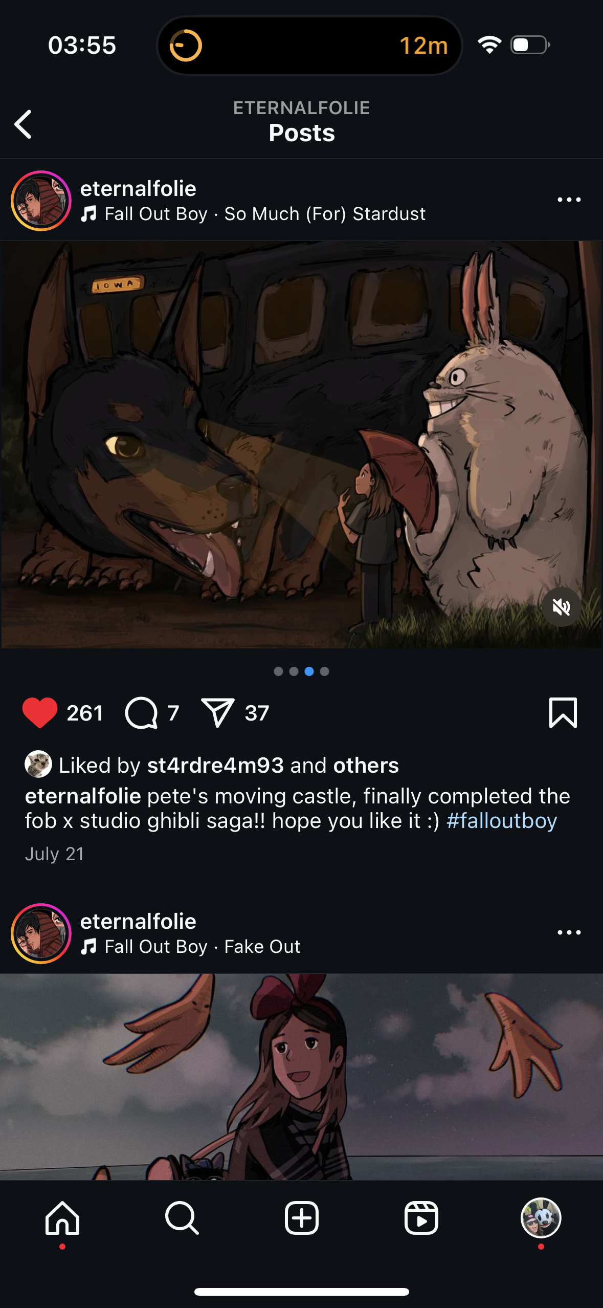 this is a screenshot of an instagram post. the post is about a fan art piece by "eternalfolie" that was inspired by the band "fall out boy" and studio ghibli's movie "howl's moving castle".  the image shows characters from the film in a dark setting with a stylized look to them. the artwork features the dog from the film as well as a large, fluffy character resembling the titular howl. the artwork is framed in the instagram interface, showing the title of the post, the artist's name, and comments on the art.