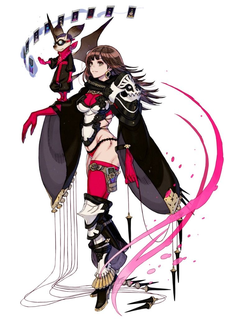 the illustration showcases a female character design, potentially for a video game or fantasy story. she stands confidently against a white background, her attire a striking mix of black, white, and red.  her outfit includes armor pieces, a flowing cape, and a sword strapped to her thigh. an animal companion, resembling a stylized bat or dog, perches on her shoulder. magical cards float in the air around her.