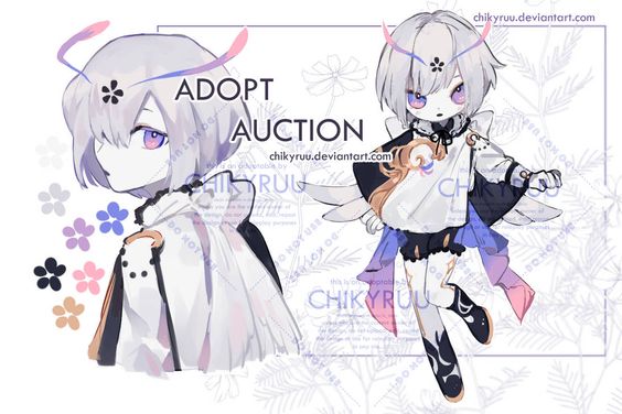 an animestyle digital drawing of a young girl with white hair and purple eyes. she is wearing a white and purple outfit with flower and wing accents. the image is advertising an "adopt auction" for the character, meaning someone can purchase the rights to use this design.```