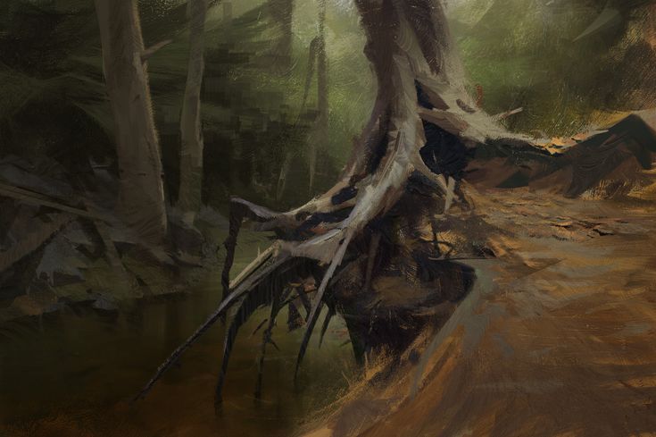 the image is a painting or illustration of a dark and shadowy forest or swamp scene. prominent features include exposed tree roots partially submerged in water, with other trees visible in the background. the color palette is dominated by earthy tones, creating a sense of depth and mystery.