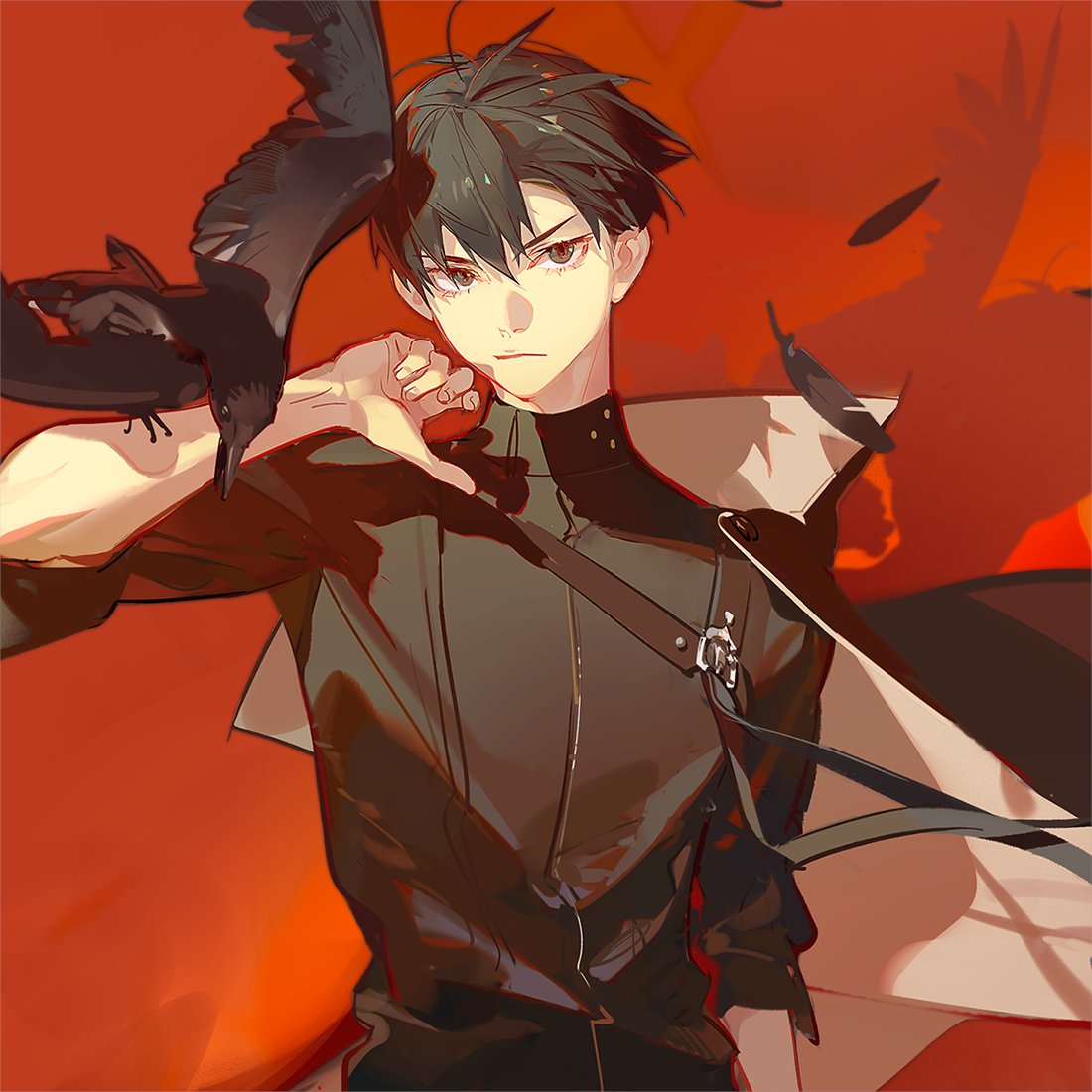 the image features an animestyle male character with short black hair and red eyes. he is wearing a black shirt and a white cape. a black raven is perched on his arm. the background is a vibrant red color. the overall style suggests a fantasy illustration.
