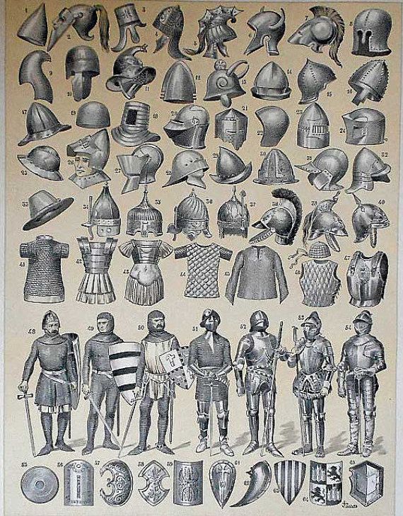 the image is a detailed antique illustration or engraving depicting a wide array of medieval helmets, suits of armor, and shields.  the illustration is highly detailed, showing various styles of helmets (great helms, sallets, etc.), different types of armor (plate armor, chainmail, etc.), and a variety of shield designs. the lower portion of the image shows fully armored knights, some with additional weaponry such as swords.  the style suggests a historical record or reference guide to medieval military equipment. the image is presented as a numbered catalog, with each item given a corresponding number. the style is reminiscent of late 19th or early 20thcentury illustration.