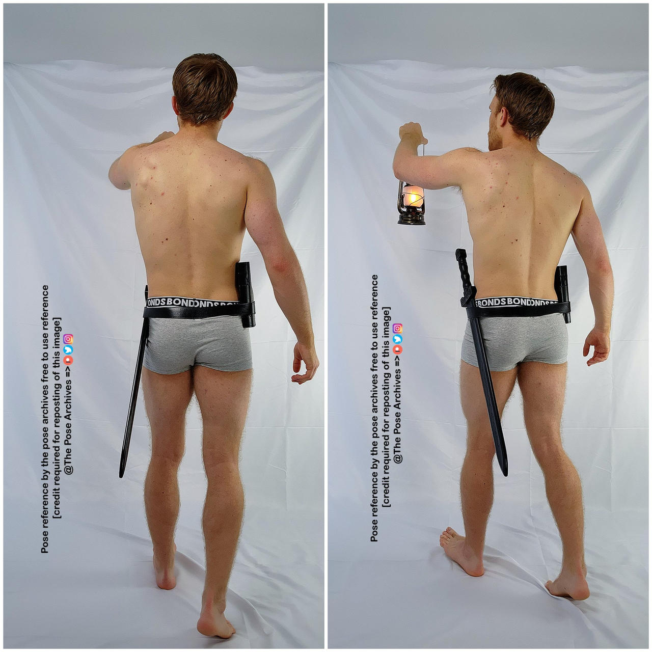 this is a reference image of a male figure from the back. he is wearing underwear, a belt with a sword, and holding a lantern in his right hand. this image is perfect for artists to use as a reference for drawing or painting.