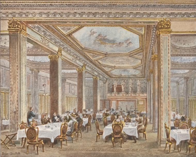 the image is a vintage painting or artwork depicting the interior of a grand dining room. the room is filled with tables and chairs occupied by people, suggesting a restaurant setting. the decor is ornate and luxurious, with classical architectural elements such as columns with gold accents, and an elaborate ceiling featuring frescoes. a waiter is visible among the patrons. the painting has a historical, formal aesthetic, evoking a sense of elegance and the belle époque. the style appears to be art nouveau.