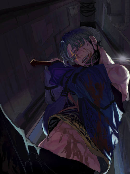 a young man with short, dark hair and a bloody face is lying in a dark alleyway. he is wearing a blue jacket over a black shirt. the man is injured and is bleeding from his wounds. he looks  up at the viewer as if looking for help. the scene is very graphic and violent. the lighting is very dark and creates a sense of foreboding. the man's eyes are glowing yellow which could be from an unnatural source like a magic spell.