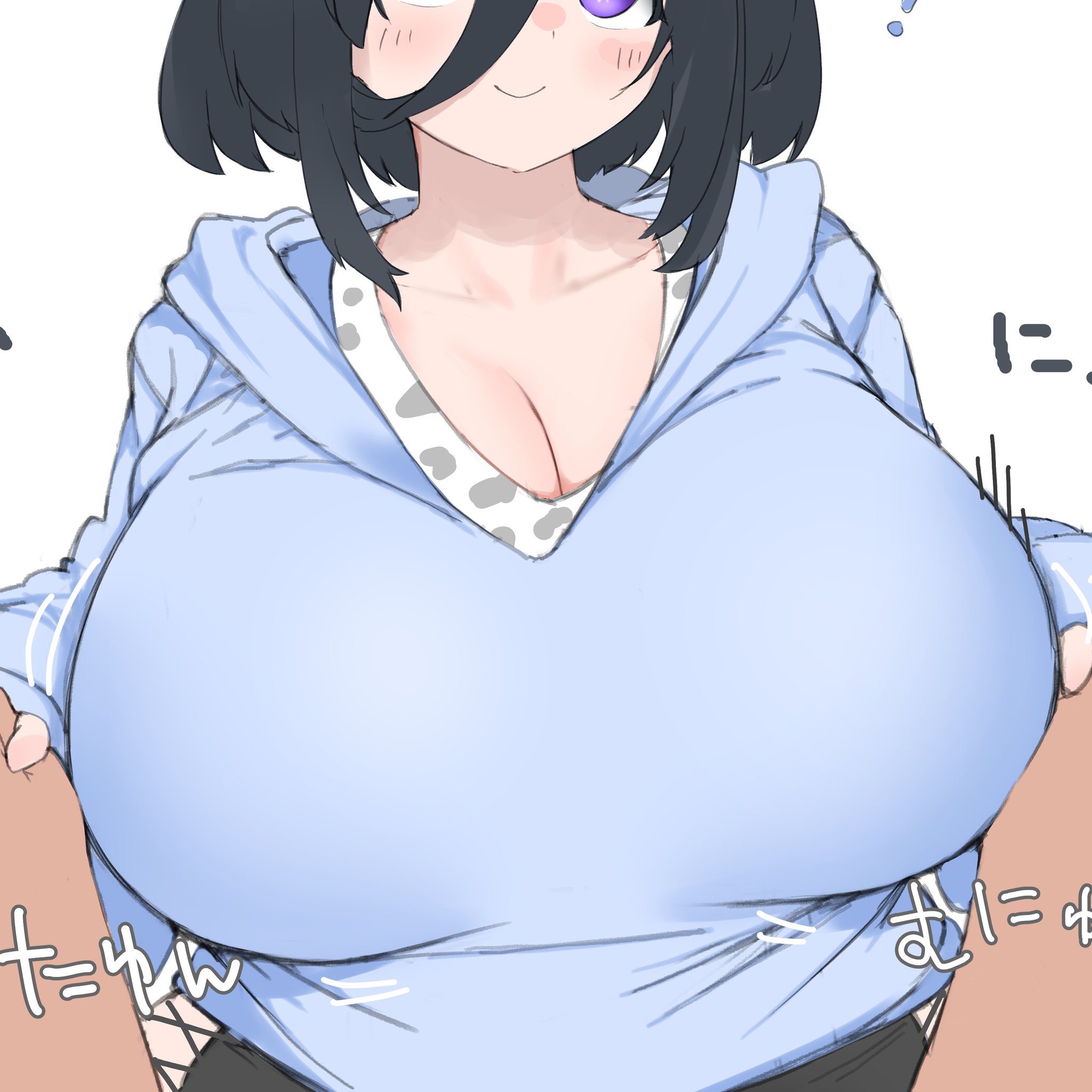 the image is an animestyle illustration of a busty young woman with short dark hair and purple eyes. she's wearing a light blue oversized hoodie that stretches across her ample chest.  the character is smiling and seems happy. japanese text is visible near the edges of the image. the art style is soft and somewhat sketchy. the focus is on the character's large breasts and the way her clothing fits (or doesn't fit) them.