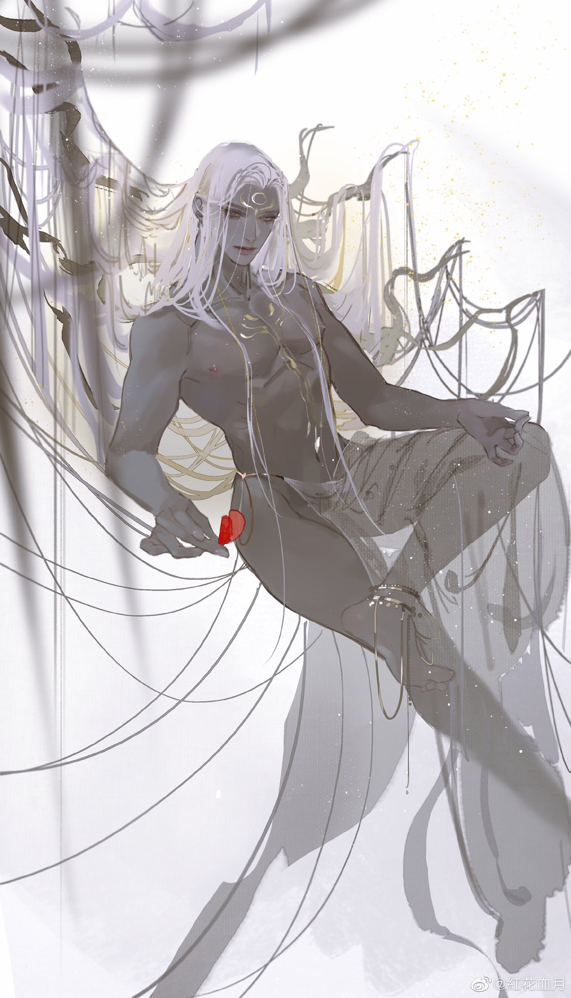 the image showcases a strikingly beautiful, androgynous figure with pale skin, long white hair, and a muscular physique. they are seated gracefully amidst a delicate web of white, almost ethereal threads that resemble a swing or a hammock. the background is primarily a soft, offwhite hue, enhancing the overall dreamlike quality of the scene. the lighting is gentle, casting soft shadows that accentuate the figure's contours.  their attire is minimal, consisting of draped white fabric that leaves much of their torso bare.  the figure holds a small, red object  a stark contrast to the otherwise monochromatic palette  which draws the viewer's eye.