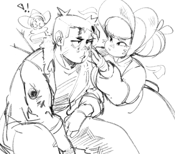 a black and white sketch of two anime characters, a male and a female, with the female leaning in close to the male. the female has her hand on his cheek and she is smiling. the male is looking down at her with a slight smile and a blush on his face. the characters are drawn in a simple style. the background is plain white.