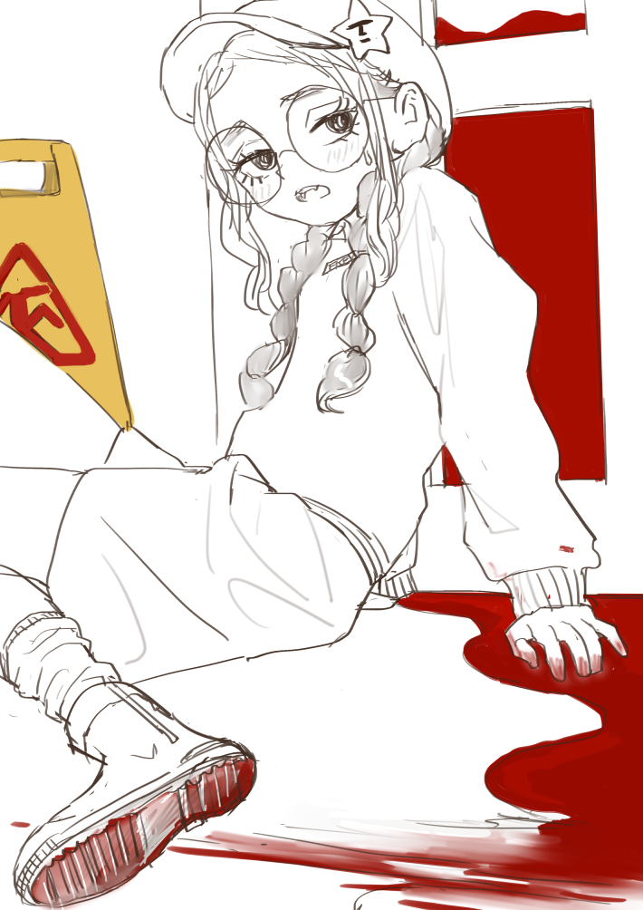 a digital illustration in manga style depicts a girl sitting on the floor next to a wet floor sign. she has a pained expression and is wearing glasses, a hat with a star clip, and her hair is in braids. a red liquid, presumably blood, is spilled around her and on the floor. the sole of her sneaker is also covered in the red liquid, implying she may have slipped and fallen.