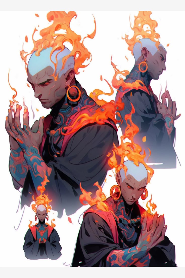 the image is a digital illustration featuring a bald monk with fire emanating from their head and hands. the monk is depicted from three different angles, showcasing their dark robe, red eyes, earrings, and the intricate blue and orange tattoos on their arms. the monk's hands are folded in a prayerful gesture.