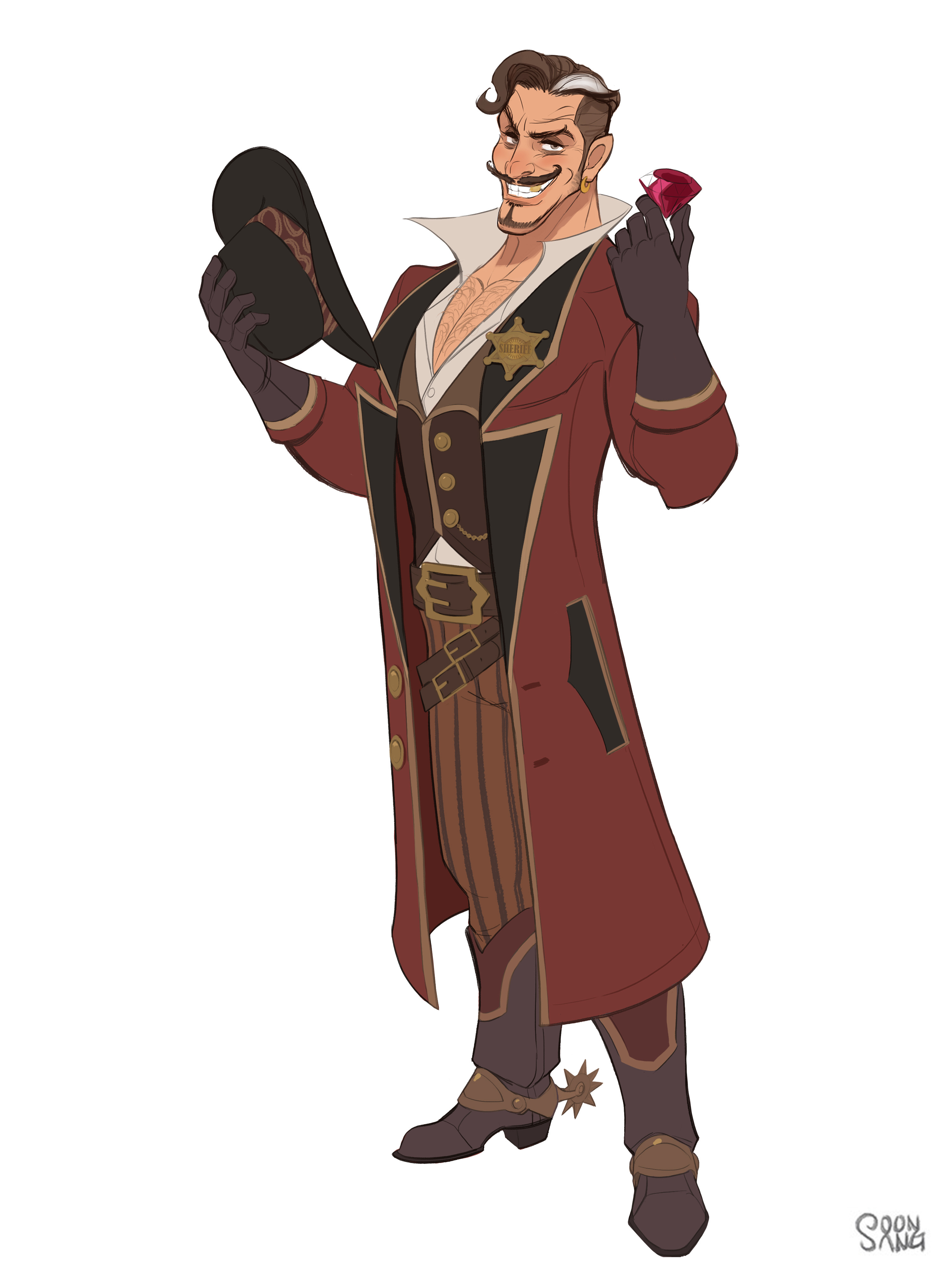 a digital illustration of a man with brown hair, a mustache, and a scar over his left eye. he is dressed in western attire, including a long red coat, a brown vest, brown pants with belts, and cowboy boots with spurs. he is holding a black cowboy hat in his right hand and a large red jewel in his left hand. he is smirking confidently at the viewer.