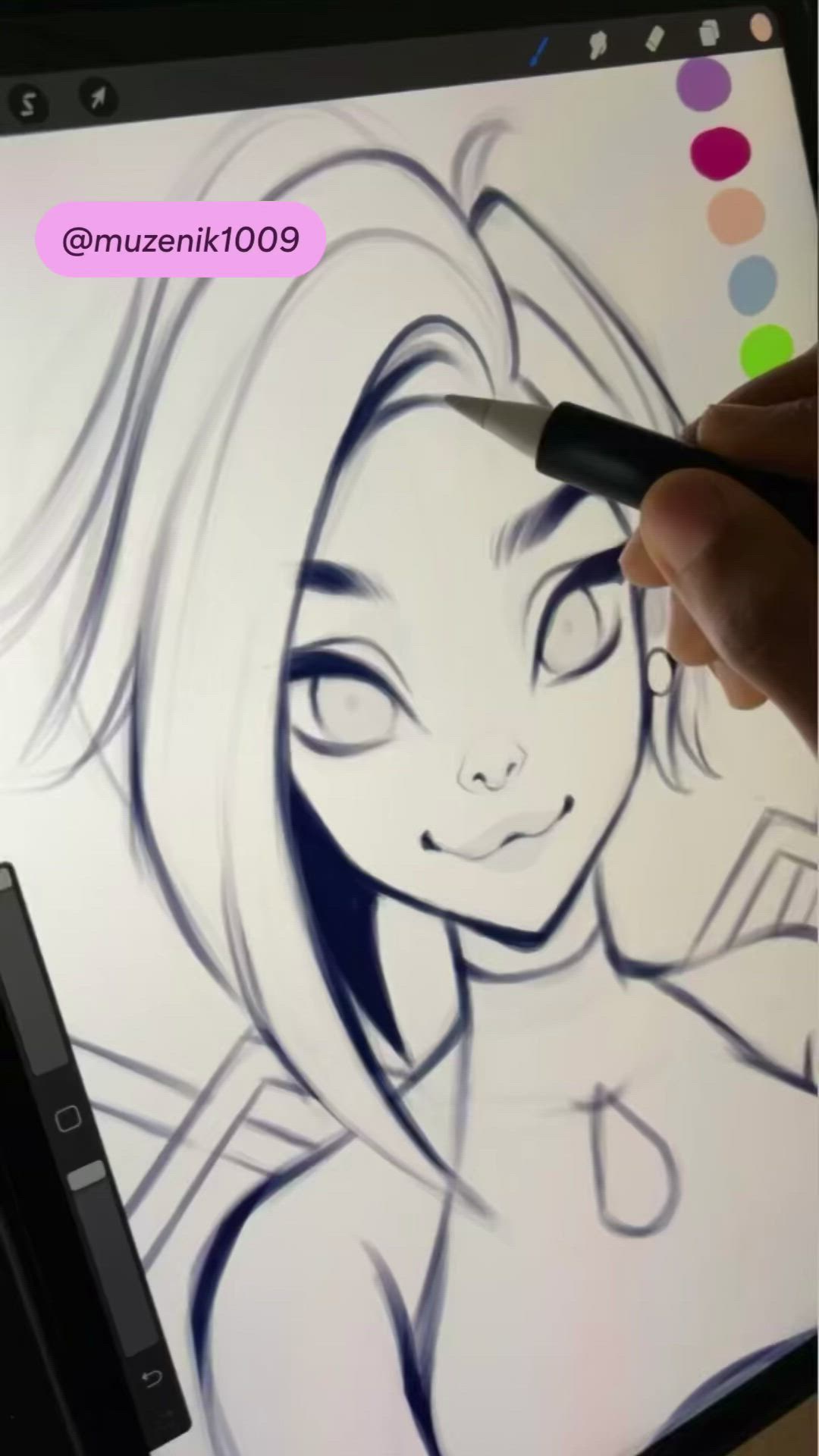 a digital drawing of an anime girl's face, shoulders, and chest is being drawn on a tablet. the artist is using a stylus to sketch the outlines of the girl's face and hair. the girl has long, flowing hair, big eyes, and a sweet smile.  the artist is working on the tablet in a bright room with a colored palette visible in the upper right corner of the image.