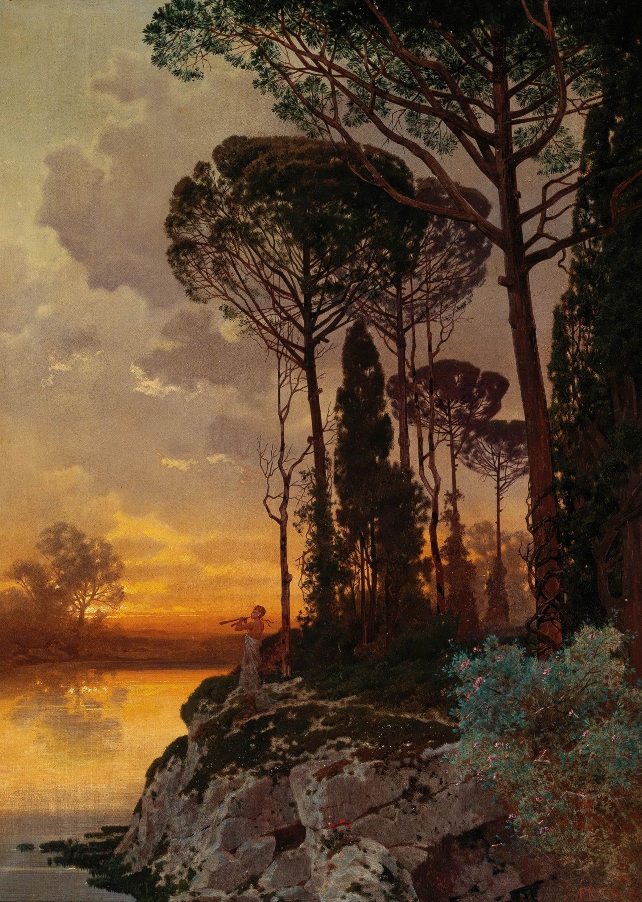 the painting depicts a serene sunset scene over a lake. in the foreground, a man stands on a rocky outcropping, playing a flute.  he is surrounded by tall, dark trees, including cypress and pine trees. the setting sun casts warm hues of orange and yellow across the sky, reflected in the tranquil waters of the lake. the overall atmosphere is one of peace, tranquility, and connection with nature.