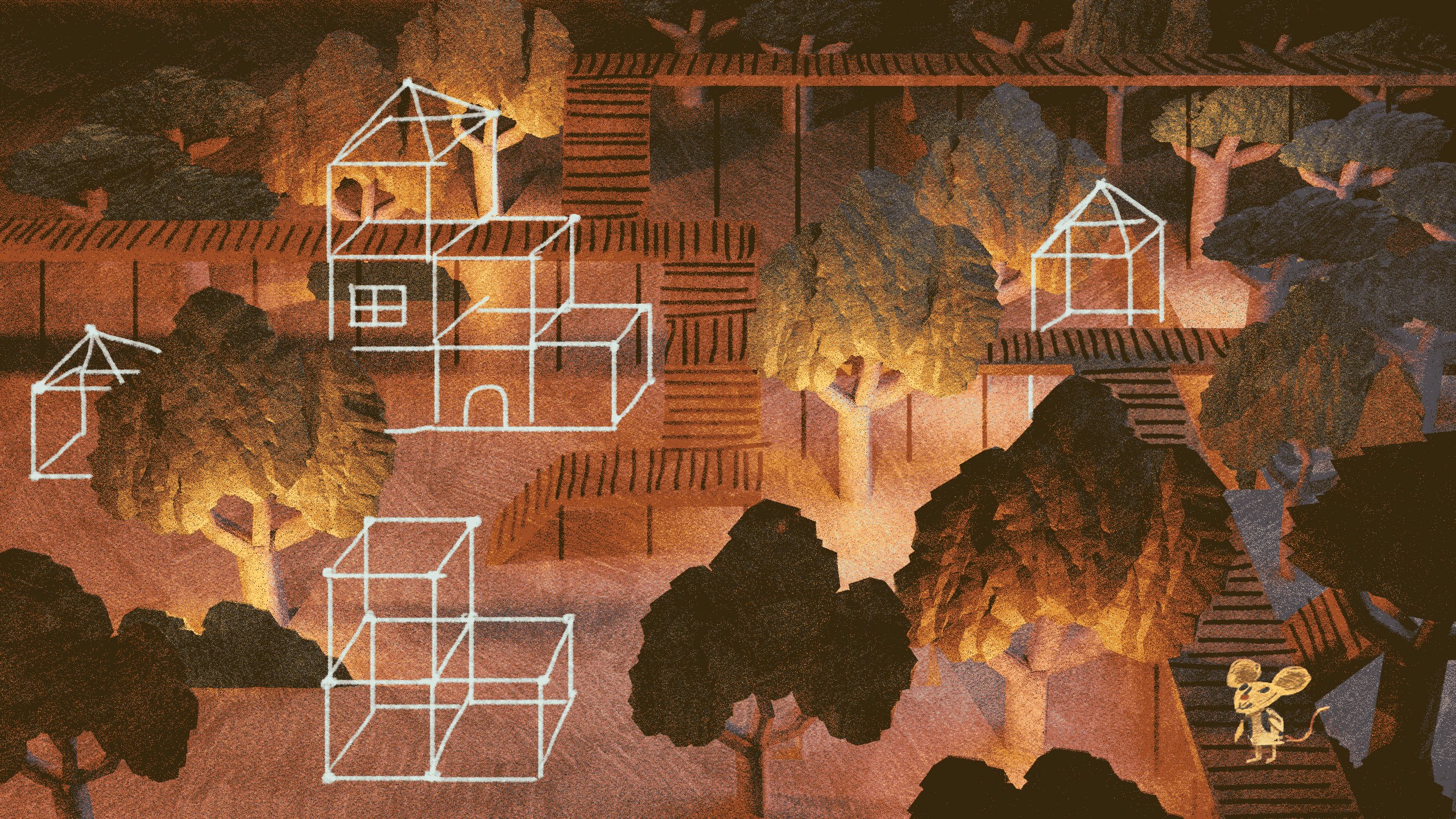 the image is an illustration depicting a whimsical architectural landscape featuring trees, houses represented by wireframe outlines, and a small mouse character. the scene has a warm, brown color palette, and the buildings and walkways appear to be interconnected. the mouse is standing on a set of stairs, suggesting it is navigating this fantasylike world. the trees and architectural elements are stylized, creating a dreamlike atmosphere.