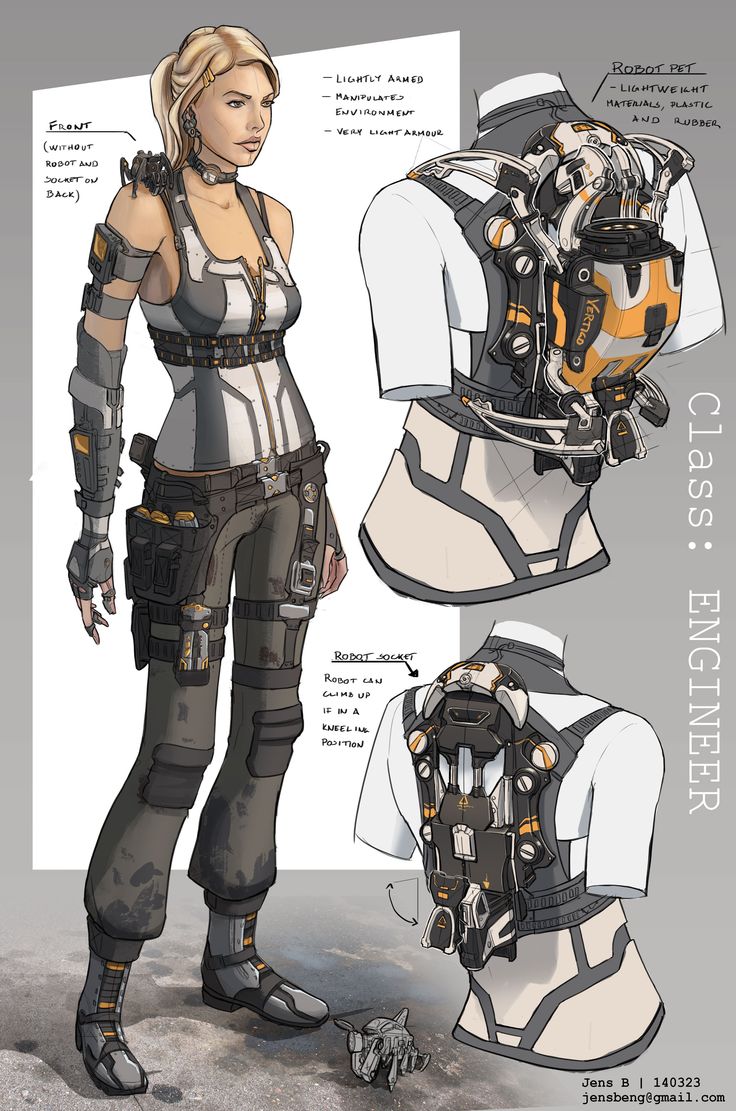 the image shows a character concept design for a female engineer with a robotic pet. she is wearing a futuristic outfit and carrying a large robotic arm. the image also includes various notes about the character's equipment.