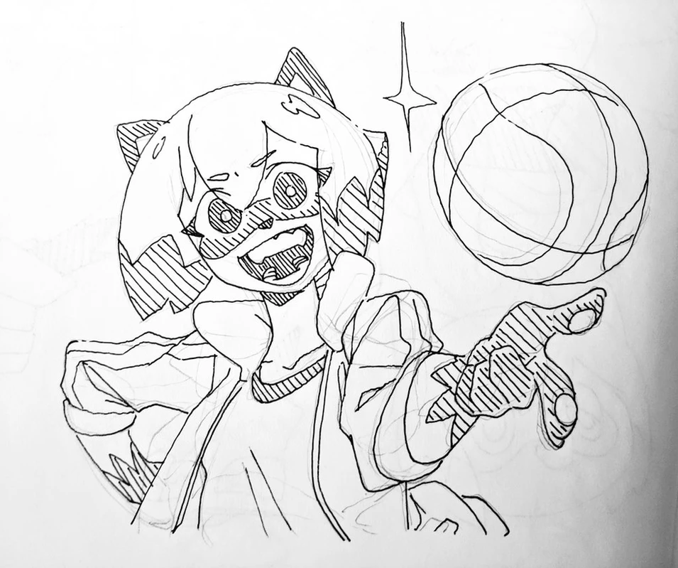 a black and white line drawing of an anime girl playing basketball. she is in the middle of a dynamic pose, reaching out with her hand to catch the ball. the girl has a determined expression on her face and looks very focused on the game. the drawing is detailed and expressive, with the girl's hair and clothes drawn in a very detailed way.