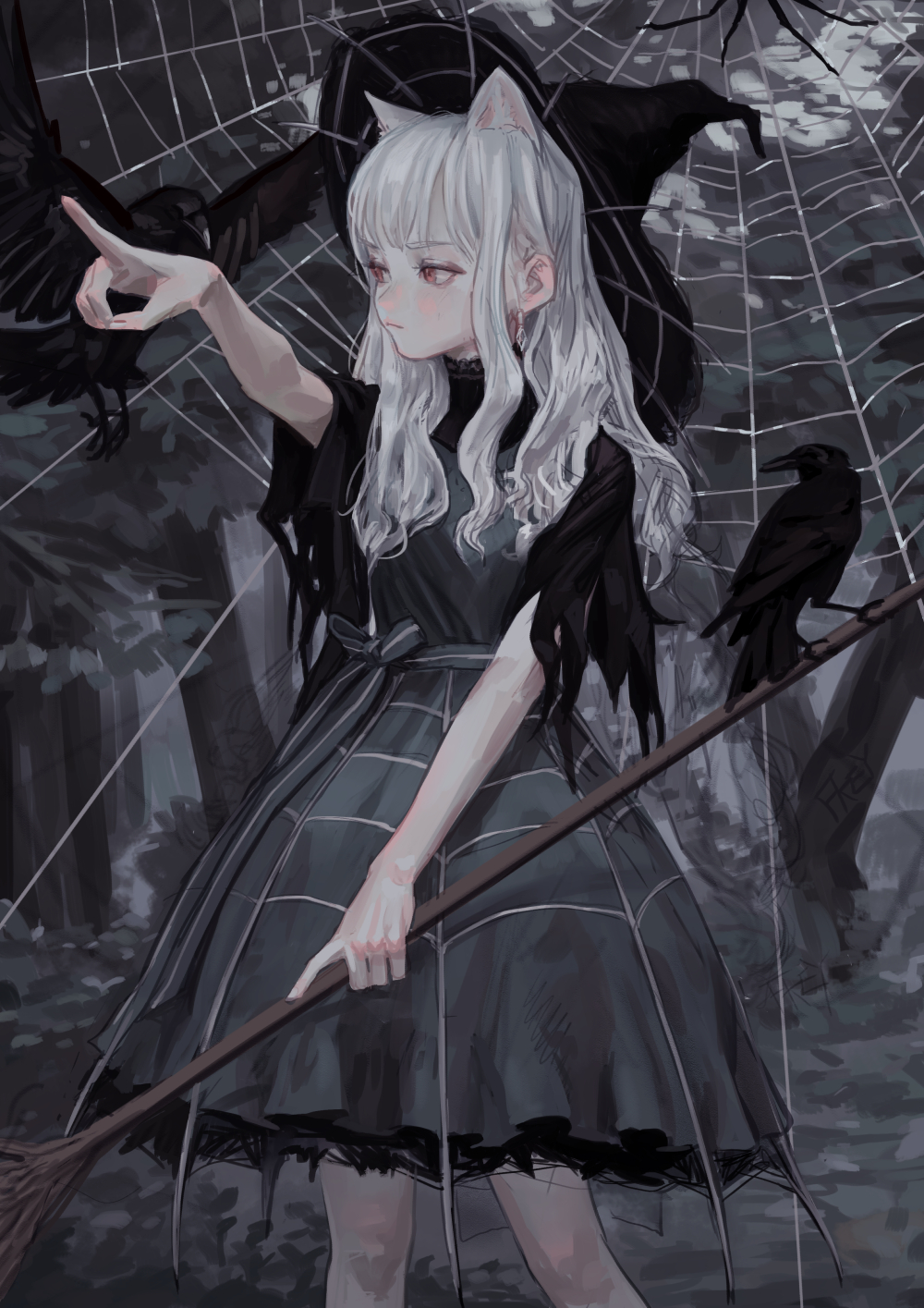 a girl with white hair and cat ears dressed as a witch in a black dress stands in a spooky scene with spiderwebs, a broom, and a crow. she is pointing with her finger, seemingly giving direction.