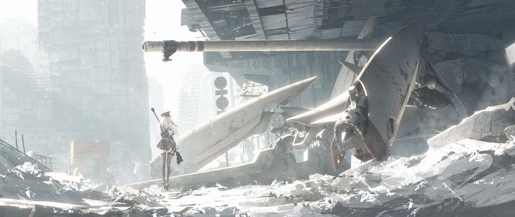 the image is a digital painting or artwork in an anime style. it depicts a young female soldier in a militarystyle uniform and cap, standing amidst the ruins of a futuristic city. she is holding a rifle and appears alone and pensive.  the background is dominated by large pieces of destroyed aircraft or machinery, strewn among the rubble of buildings. the overall color palette is muted greys and whites, creating a bleak and desolate atmosphere that suggests a postapocalyptic or wartorn setting. the scene conveys a sense of loneliness, loss, and the aftermath of a significant conflict.