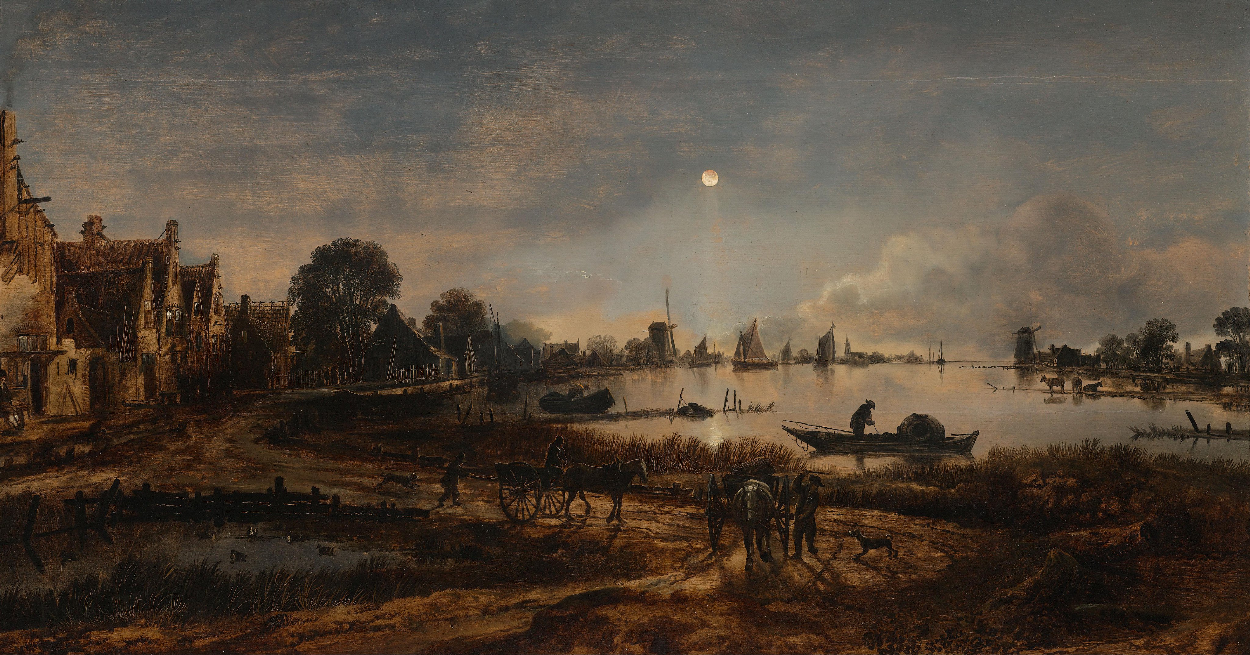 a painting of a waterway with a village on one side. there are boats on the water, and people and horses with carriages on the shore. a windmill and the moon are visible in the distance, with buildings, trees, and clouds throughout the scene. there are also cows visible on the right side.