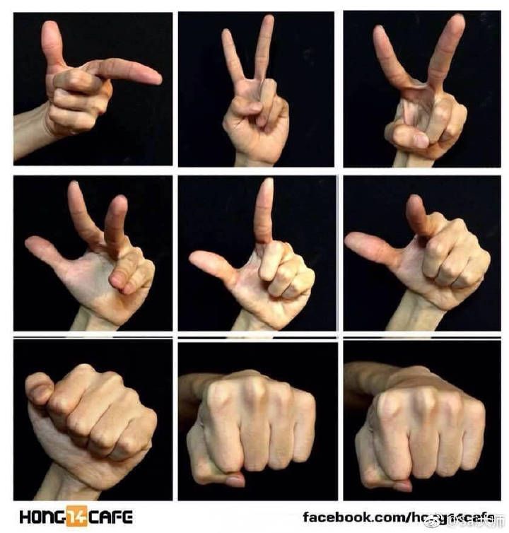 this image shows nine different hand poses. each pose is shown with a closeup view of the hand. the poses include a pointing finger, a peace sign, a fist, and other gestures. these poses can be used for reference when drawing or sketching hands.