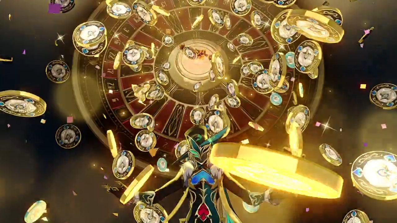 a golden coin shower surrounds a character standing in front of a giant roulette wheel. the character wears a black and blue suit and a large green hat and is holding a large golden coin in each hand. the background is filled with confetti and sparkles.
