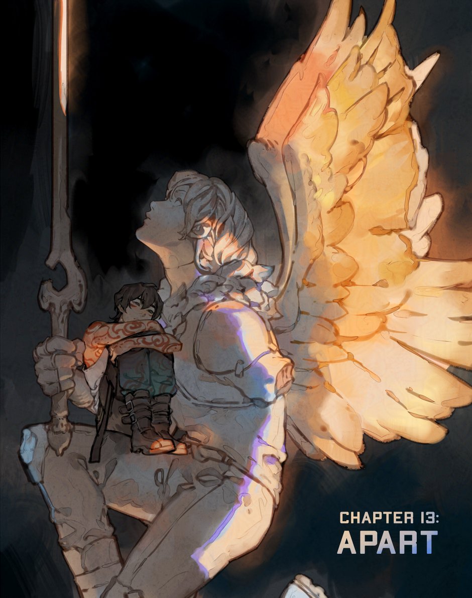 the image is an illustration or digital art piece, likely from a fantasy genre anime or manga. it features a large, imposing angellike figure with bright yellow wings. the angel is holding a large sword and has a smaller male character perched on its knee. the artwork is labeled "chapter 13: apart".