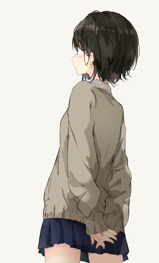 an anime girl with black hair and brown eyes is standing and looking to the side. she is wearing a beige sweater and a blue skirt. she has a white background.