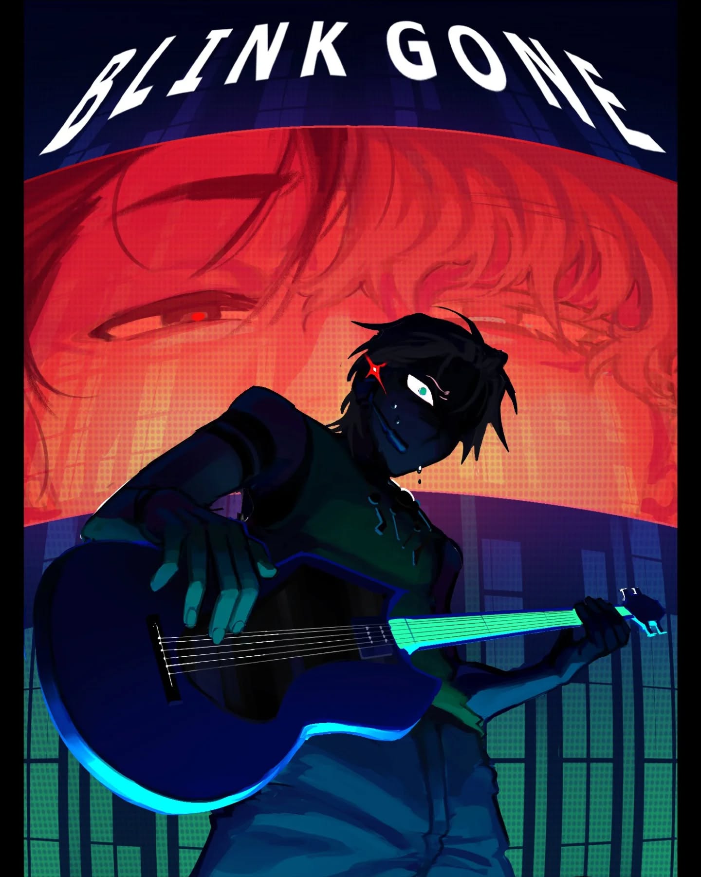 the image is a digital illustration, possibly fanart, featuring a young male guitarist prominently in the foreground.  he is playing a dark blue electric guitar with neongreen highlights on the strings.  his expression is intense and slightly melancholic. the background features a large, stylized portrait of a person with red tones and a screenlike effect, overlayed with the title "blink gone" in bold, sansserif lettering. the overall aesthetic is dark, moody, and reminiscent of cyberpunk or synthwave styles. the color palette is predominantly dark blues, greens, and reds with neon accents. the style is bold and graphic, with sharp lines and a focus on expressive character design and dramatic lighting.