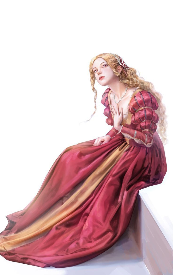 the image is a digital painting or illustration depicting a young woman in a long, flowing renaissancestyle gown. the dress is primarily a deep reddishmaroon color with gold undertones that are visible in the folds of the fabric. the sleeves are puffy and detailed, indicative of the fashion of the period.  the woman has long, blonde hair and is wearing a simple necklace. she is seated, her posture slightly pensive or wistful, with her hands clasped near her chest. the background is a plain white, which focuses attention on the figure and her elaborate dress. the overall style is highly detailed and realistic, with soft shading and rendering of the fabric textures. the image evokes a feeling of romance and historical elegance.