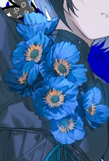 the image shows a closeup illustration of an anime character with blue hair wearing a black outfit with a bouquet of blue poppies pinned to their chest. the character's face is not fully visible, and the focus is on the flowers and the upper body. the art style is typical of anime and manga, with detailed linework and vibrant colors. the background is a solid blue.