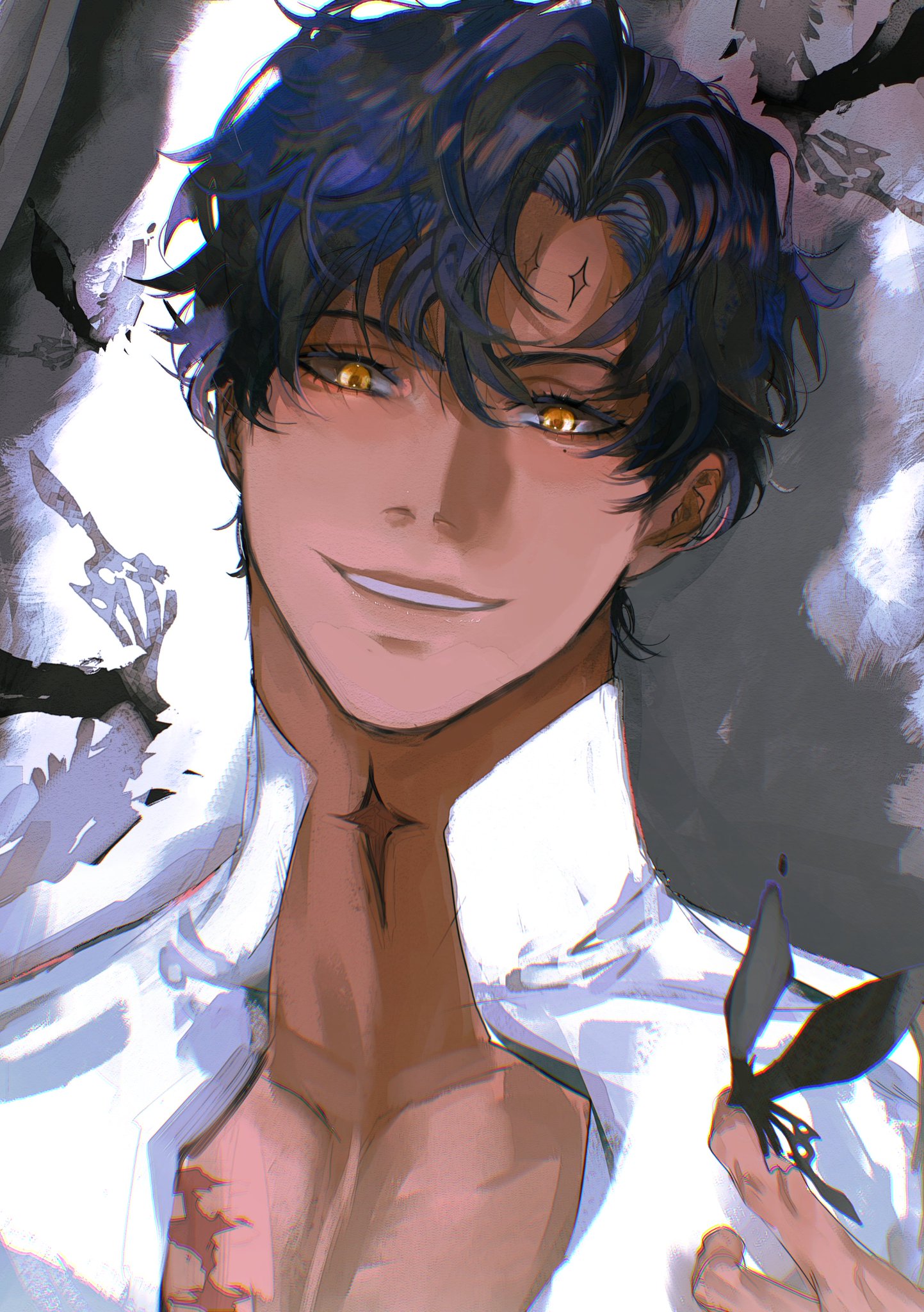 the image depicts a closeup portrait of an anime male character. he has blue and black hair, sharp cheekbones,  and a scar on his forehead. his eyes are golden and they are glowing. the man is smiling playfully with a sharp jawline. the lighting is dramatic and the background is abstract with black and white lines. the man is wearing a white shirt.