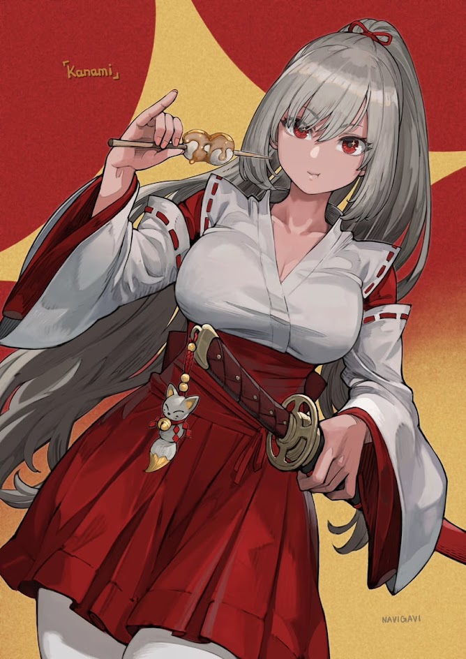 this is an illustration of an anime girl in a red kimono. she is holding a katana in her right hand and a stick of dango (japanese dumplings) in her left hand. she has long white hair, red eyes, and a smile on her face. she is standing against a background of red and yellow. the overall style is very cute and beautiful.