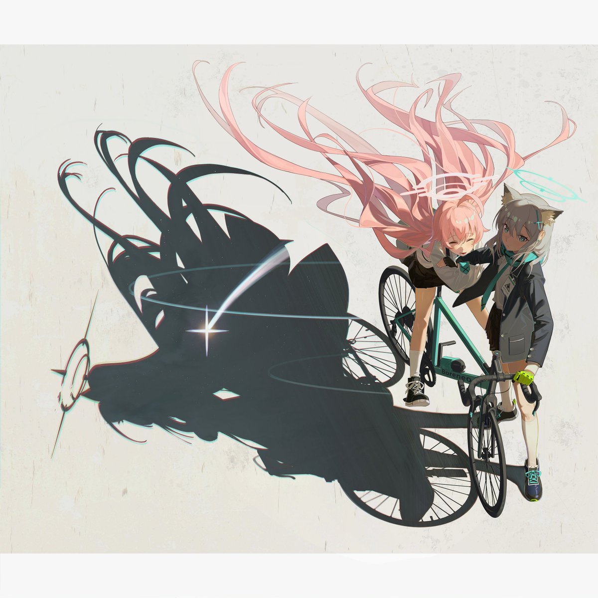 the image showcases two young women, seemingly schoolgirls given their attire, engaged in a moment of shared joy. one, distinguished by her vibrant pink hair, sits astride a turquoise bicycle. her companion, with shorter hair adorned with wolflike ears, stands beside her, offering a supportive hand. the dynamic composition emphasizes movement, accentuated by the girls' windswept hair and the long shadows cast by the potent sunlight. this vibrant scene, bathed in warm hues, encapsulates a sense of youthful exuberance and camaraderie.