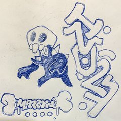 this is a drawing of a cartoon monster with a skull head, sharp teeth, and a spiky back. it's colored in blue pen and drawn in a slightly graffitilike style with exaggerated features. the word "badboy" is written in large, stylized letters behind the monster.  there is a word at the bottom that looks like "maroon" with three bones before it, but is difficult to read. the drawing appears to be on a napkin or paper towel.