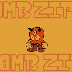 a cartoon character with four eyes, red skin, horns, and brown boots, standing in front of a yellow background with "bomber zip" written in orange block letters multiple times.