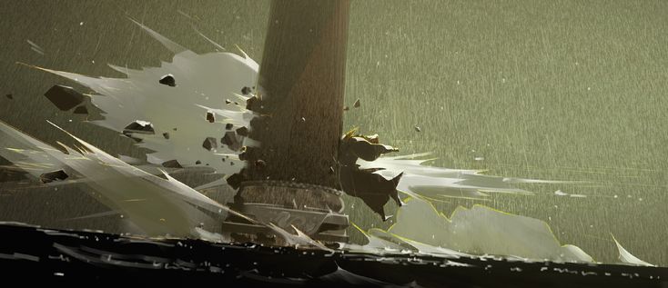 the image is a dynamic digital painting depicting a powerful hammer blow.  the focus is on the moment of impact, with a large, white splash representing the force of the blow and debris flying outward. the hammer itself is partially obscured by the explosion of material, suggesting immense power. the background is a muted green, adding to the atmospheric and dramatic feel. the style is abstract and stylized, emphasizing motion and energy over realistic detail. the low angle enhances the feeling of scale and power.