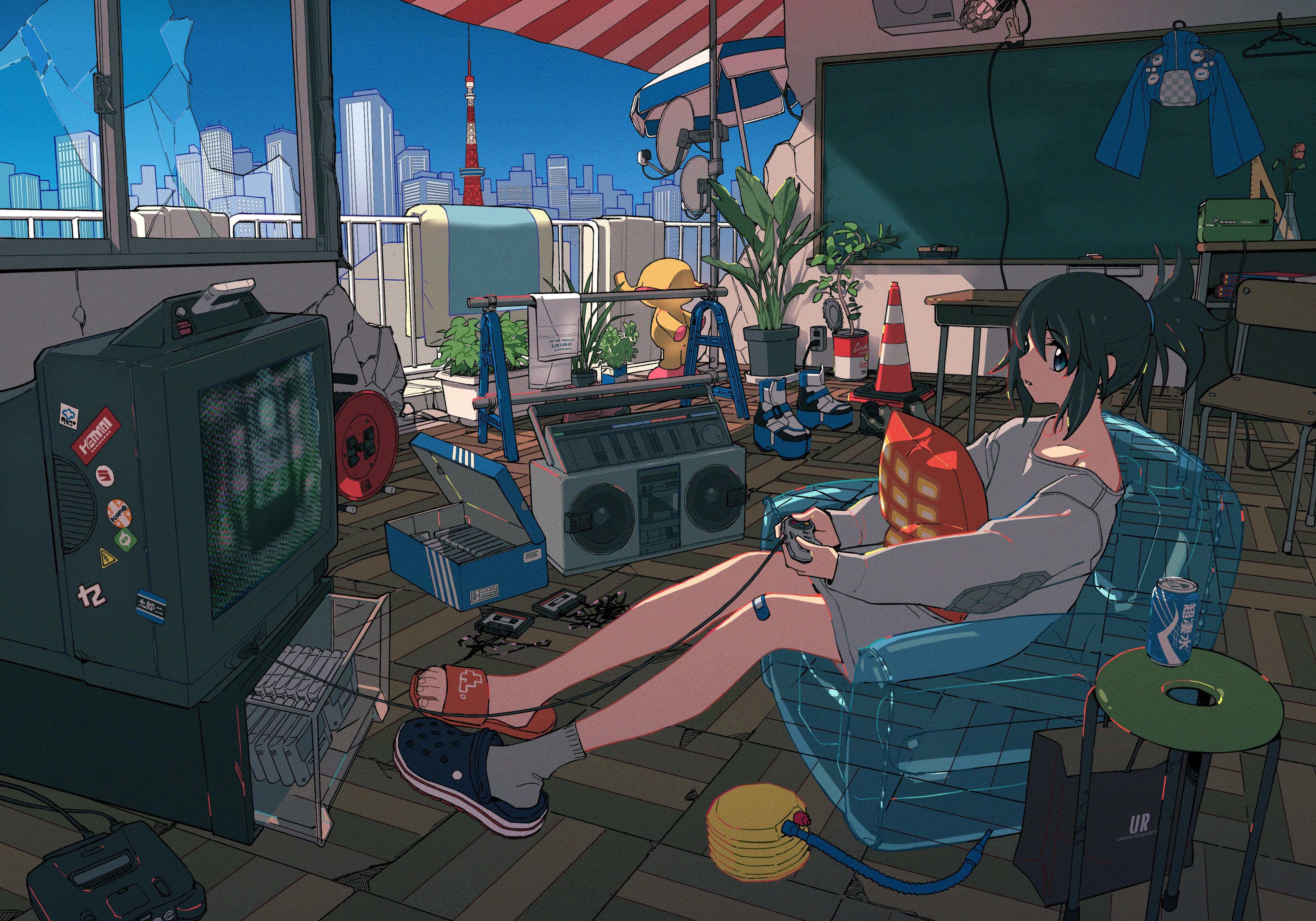 the illustration depicts an anime girl sitting in a transparent inflatable chair on a rooftop overlooking a cityscape.  she's playing a video game console, with a retrostyle tv and boombox nearby. the scene is filled with 90sinspired elements like cassette tapes and a bulky tv, creating a nostalgic atmosphere.  the background shows a recognizable tokyo skyline including the tokyo tower. the overall style is vibrant and casual, with a focus on capturing a relaxed, summertime feeling.